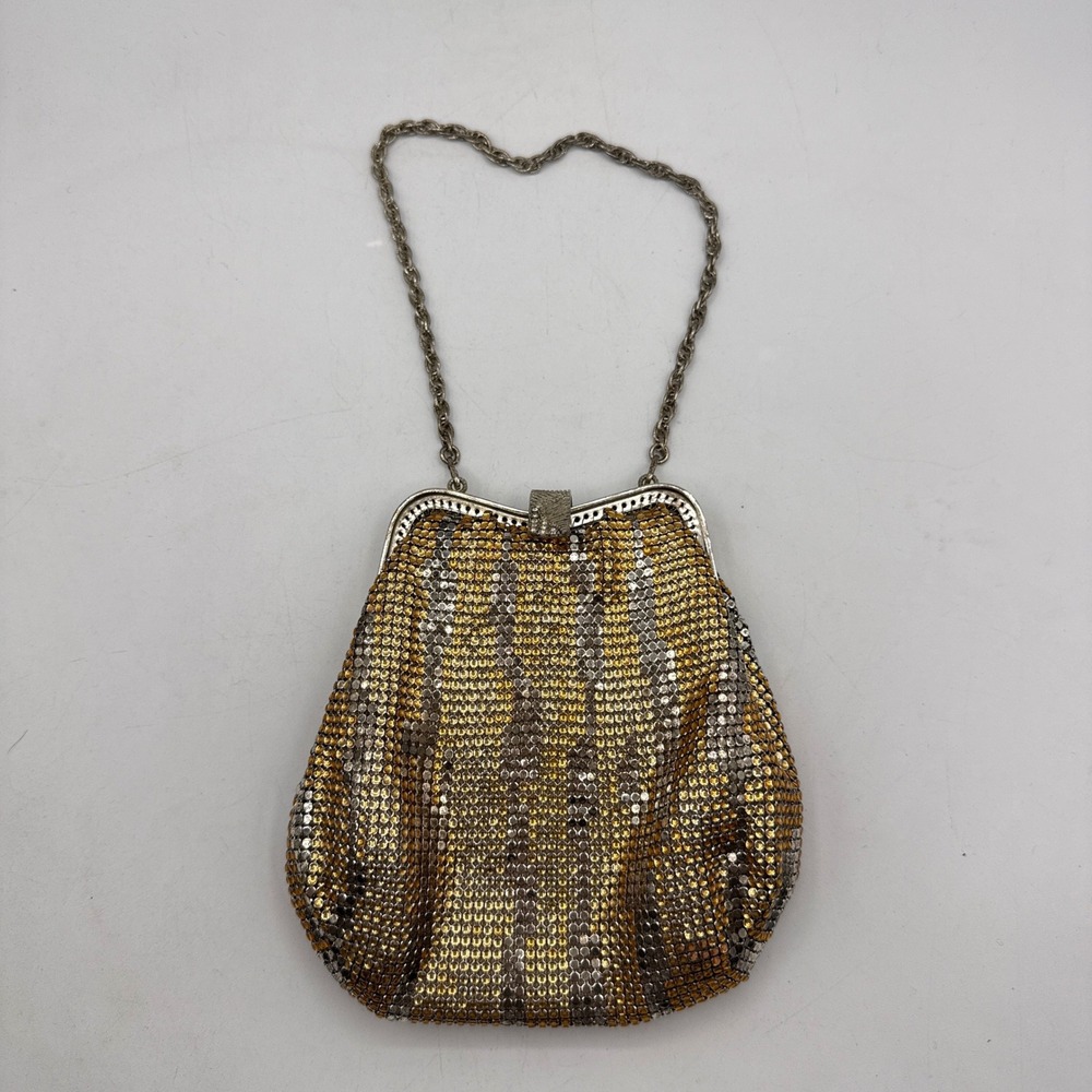 Unbranded Metal Mesh Evening Bag Gold Silver Striped Rhinestone Clasp